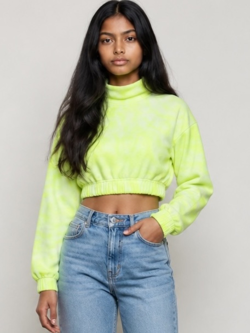 Never Not Hustling Cropped Microfleece Funnel Neck Sweatshirt Neon Green Tie-Dye